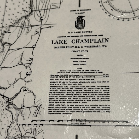 1959 US LAKE SURVEY LAKE CHAMPLAIN CHART NO 174 Barber Point To Whitehall NY - Picture 5 of 8